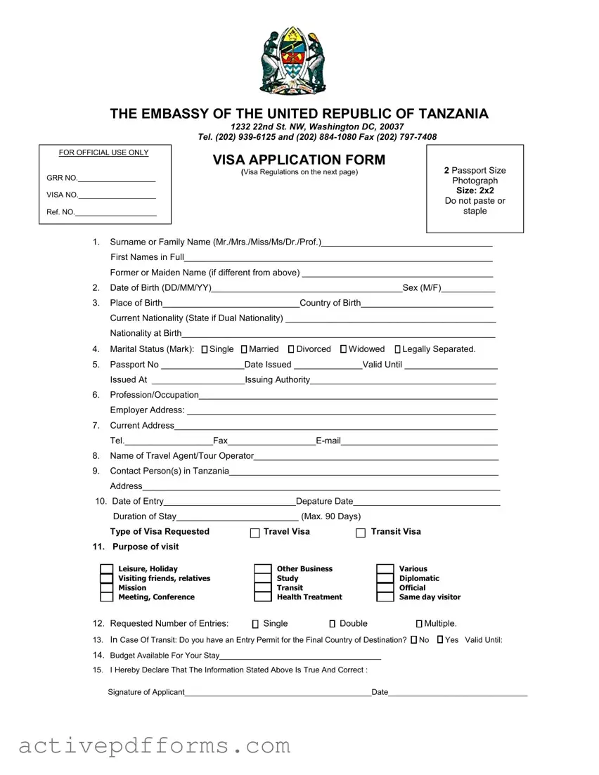 Free Tanzania Visa Applicaiton PDF Template