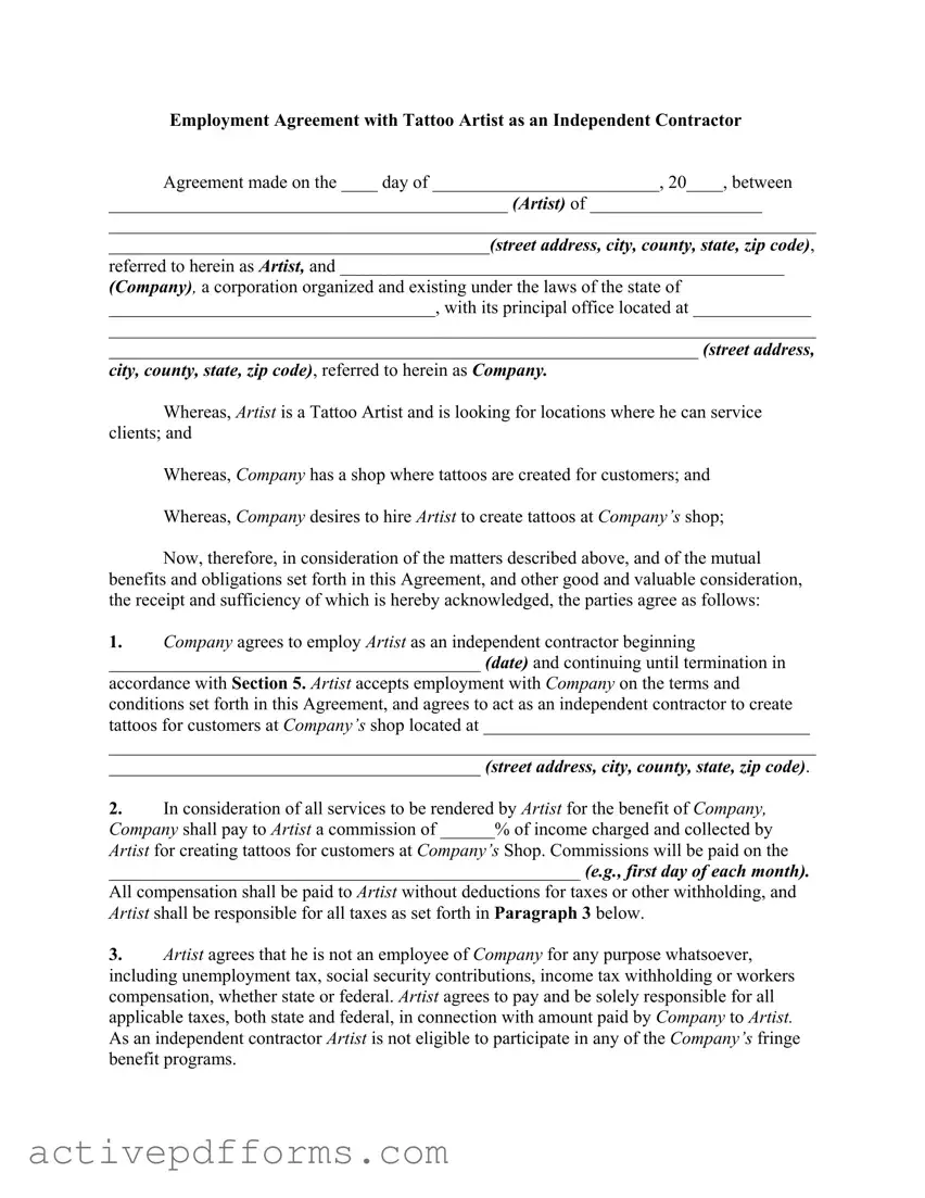 Free Tattoo Shop Artist Agreement PDF Template