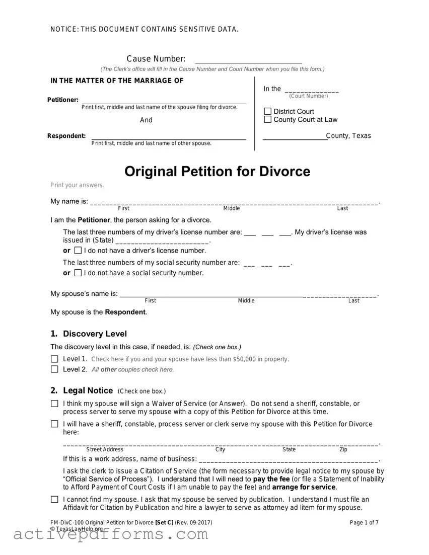 Free Texas Law Help FM-DivC-100 Original Petition for Divorce Set C PDF Template