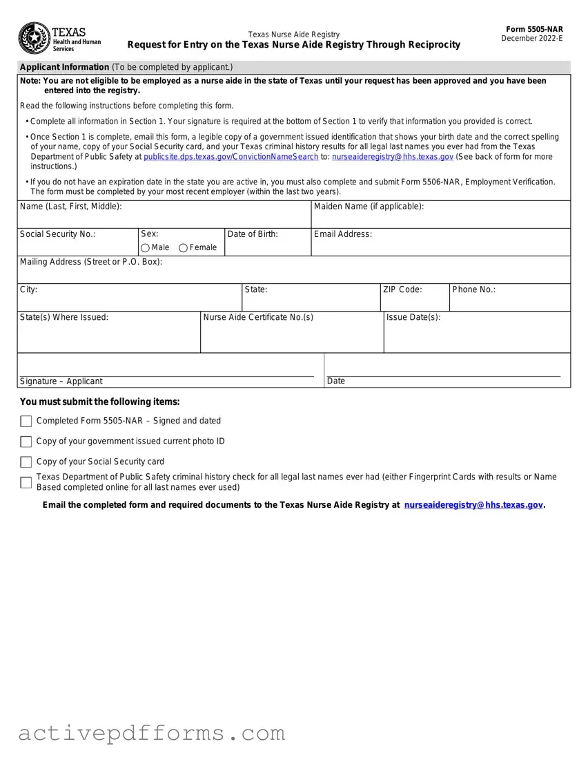 Free Texas Nurse Aide Registry 5505-NAR PDF Template