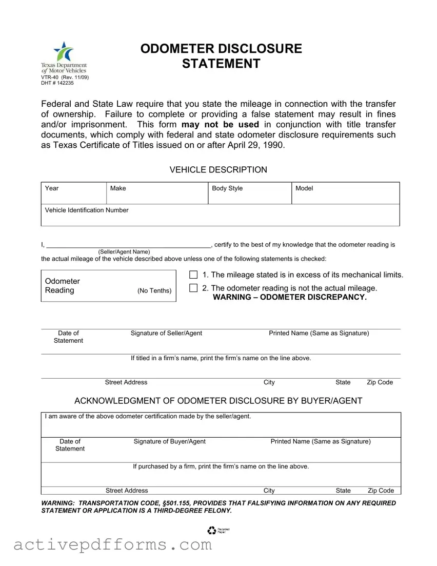 Free Texas Odometer Statement PDF Template