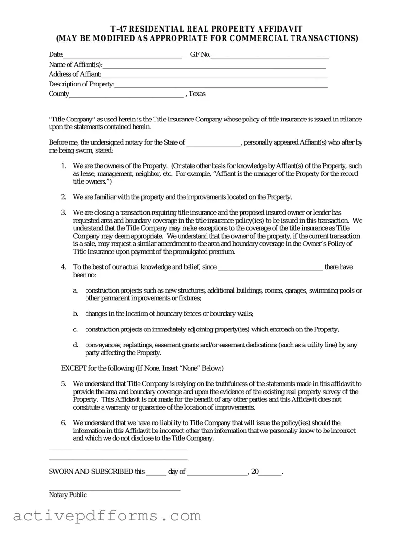 Free Texas residential property affidavit T-47 PDF Template