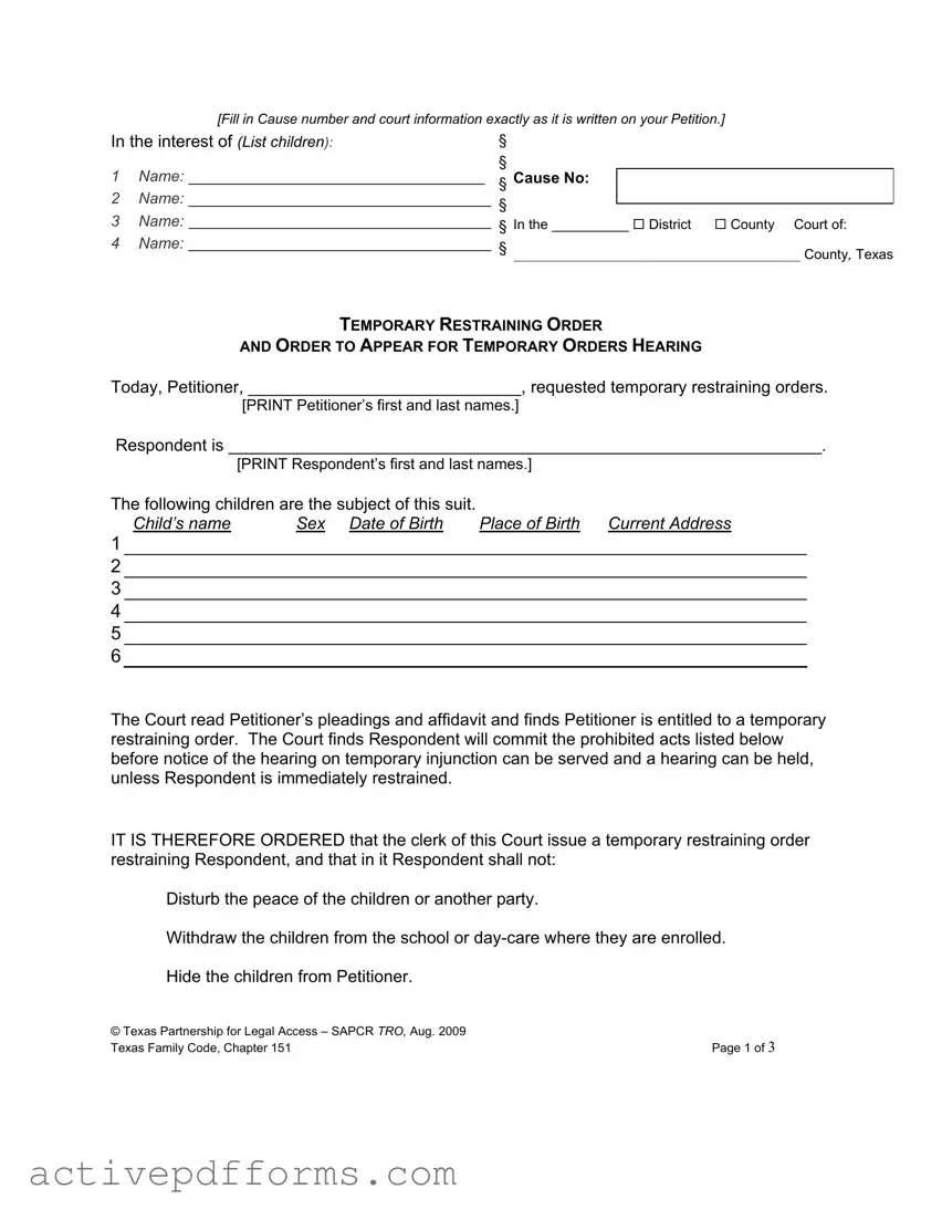 Free Texas Temporary Restraining Order PDF Template