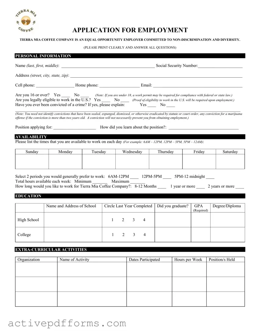 Free Tierra Mia Application PDF Template