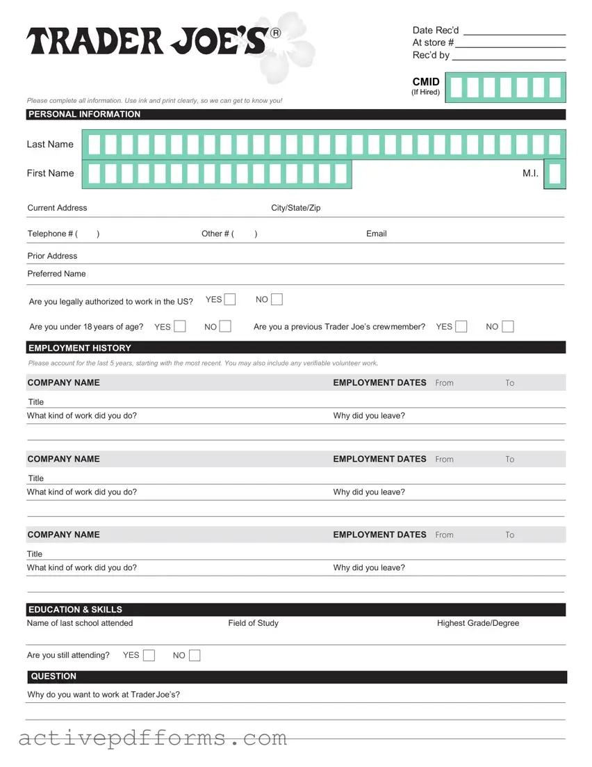 Free Trader Joe's application PDF Template