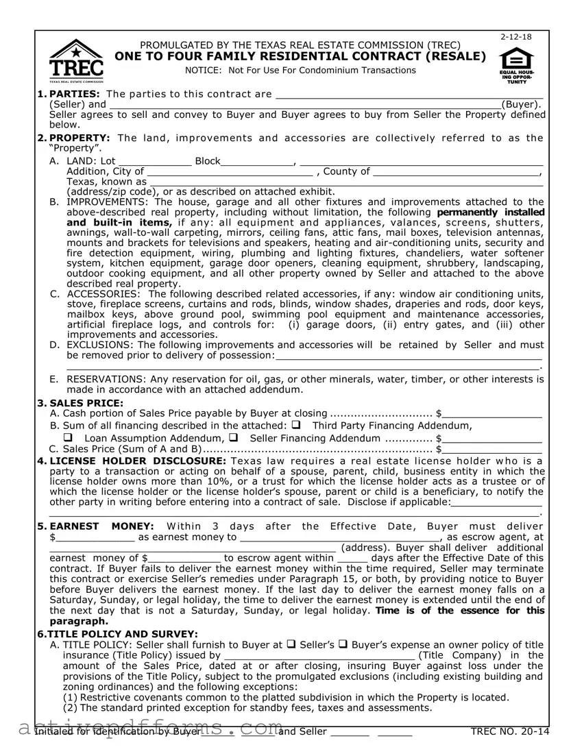 Free TREC One to four family residential contract PDF Template