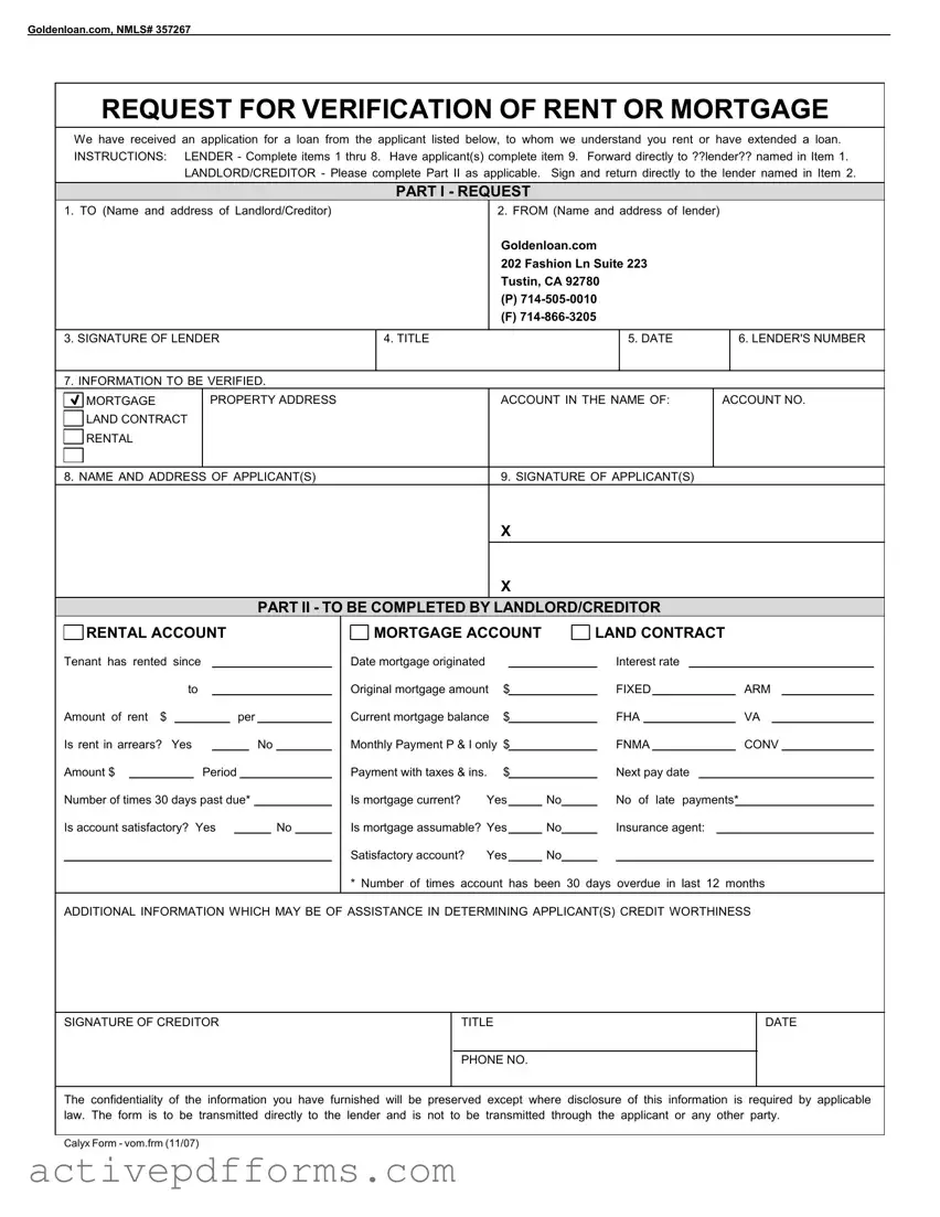 Free Verification Rent Mortgage PDF Template