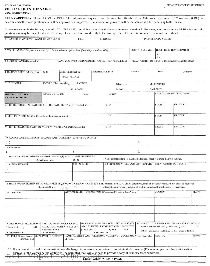 Free Visiting Questionnaire PDF Template